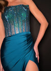 Video - Peacock ASHLEYlauren 11690 Glamorous Strapless Gown with Exposed Corset Boning Encrusted in Press On Stones, Ruched Skirt, and Left Leg Slit