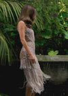 Video - Silver ASHLEYlauren 11766 glamorous fully hand-beaded midi dress featuring a sweetheart neckline, intricate beaded pattern with fringe accents, and a back slit for an elegant and sophisticated look.