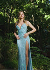 Video - Sky ASHLEYlauren 11236 strapless gown featuring a sweetheart neckline, modern floral sequin motif cascading down the bustier and skirt, and a left leg slit for a glamorous and head-turning look.