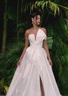 Video  ASHLEYlauren 11609 White Strapless Mikado Ball Gown with Illusion V-Neckline, Oversized Asymmetrical Bow, and A-Line Wrap Skirt