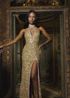 Video -  ASHLEYlauren 11634 Gold Fully Beaded Halter Gown with Keyhole Cut Out, Crystal Trimmed Neckline and Slit, and Left Leg Slit