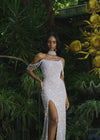 Video - ASHLEYlauren 11598 Silver Fully Beaded Gown with Pearl and Crystal Encrusted Bustier, Off Shoulder Design, and Beaded Choker