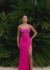 Video - ASHLEYlauren 11448 fuchsia fully beaded gown with spaghetti straps, corset bodice, thigh-high slit, and lace up back