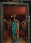 Video -Emerald ASHLEYlauren 11670 Intricately Beaded Gown with Deep V-Neckline, Sheer Side Cut Outs, Open V-Back, and Left Leg Slit