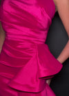 Video - Fuchsia ASHLEYlauren 11751 Strapless Taffeta Gown with Elegant Ruched Bodice, Dramatic Cascading Ruffle Detail, and Left Leg Slit