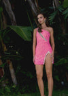 Video -Pink ASHLEYlauren 4754 fully hand-beaded cocktail dress featuring a one shoulder neckline, asymmetrical cut out, open back, fitted skirt, and a left leg slit for a bold and glamorous look.