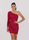 Video - Back - Red ASHLEYlauren 4457 fully hand-beaded cocktail dress featuring a one shoulder sleeve and a fitted skirt for a sleek and glamorous silhouette.