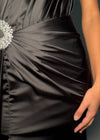 Video - Back - Black ASHLEYlauren 11537 one shoulder satin gown featuring a ruched bustier, beaded crystal straps and waist accents, and a draped side skirt for an elegant, glamorous finish.