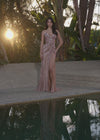 Video - Taupe ASHLEYlauren 11236 strapless gown featuring a sweetheart neckline, modern floral sequin motif cascading down the bustier and skirt, and a left leg slit for a glamorous and head-turning look.
