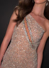 Video - Back - Nude ASHLEYlauren 4754 fully hand-beaded cocktail dress featuring a one shoulder neckline, asymmetrical cut out, open back, fitted skirt, and a left leg slit for a bold and glamorous look.