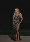 Video - Black/Gold ASHLEYlauren 11236 strapless gown featuring a sweetheart neckline, modern floral sequin motif cascading down the bustier and skirt, and a left leg slit for a glamorous and head-turning look.
