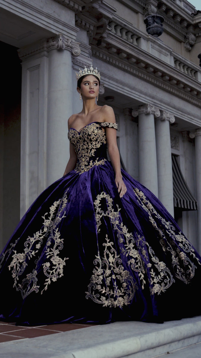 ASHLEYlauren 30110 Velvet Ball Gown with Metallic Lace