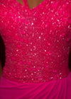 Video - ASHLEYlauren 11454 hot pink one shoulder jersey gown with beaded bodice, ruched wrap skirt, and thigh-high slit