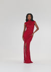 Video - ASHLEYlauren 1674 Red fully beaded gown with high neck, cap sleeves, centre slit, and geometric detailing