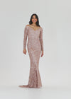 Video - ASHLEYlauren 11176 off shoulder sequin gown featuring long sleeves, a fitted silhouette, an inner corset for added structure, and a sweeping train for a dramatic and glamorous look.