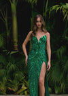 Video - Back. Emerald ASHLEYlauren 11236 strapless gown featuring a sweetheart neckline, modern floral sequin motif cascading down the bustier and skirt, and a left leg slit for a glamorous and head-turning look.