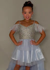 Back - ASHLEYlauren 8259 fun and flirty kids high-low tulle dress featuring a V-neckline, V-back, off shoulder feather straps, and a crystal-encrusted beaded bustier for a dazzling and stylish look.