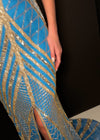 Video - ASHLEYlauren 1674 Gold/Peacock fully beaded gown with high neck, cap sleeves, centre slit, and geometric detailing