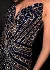 Video - Rose_Gold_Navy ASHLEYlauren 4500 strapless gown featuring a plunging V-neckline, ornate sequin bead pattern, and striking V-back for a bold and glamorous look.