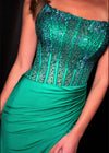 Video - Emerald ASHLEYlauren 11690 Glamorous Strapless Gown with Exposed Corset Boning Encrusted in Press On Stones, Ruched Skirt, and Left Leg Slit