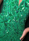 Video - Emerald ASHLEYlauren 4500 strapless gown featuring a plunging V-neckline, ornate sequin bead pattern, and striking V-back for a bold and glamorous look.