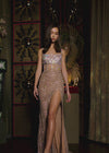video - ASHLEYlauren 11448 nude fully beaded gown with spaghetti straps, corset bodice, thigh-high slit, and lace up back