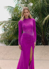 Video - Violet ASHLEYlauren 11742 glamorous evening gown featuring a mesh high neckline, ruched waistline, press-on stone embellishments, left leg slit, and a sweep train for an elegant and sophisticated look.