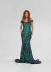 Video - Black/Emerald ASHLEYlauren 11112 Off-Shoulder Stretch Sequin Gown with Sweetheart Neckline, High Back, and Horsehair Hem