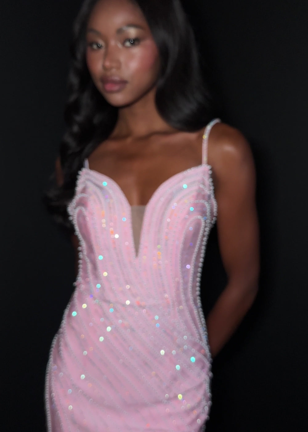 ASHLEYlauren 4860 – Beaded Jersey Mini with Spaghetti Straps & Slit