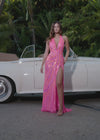 Video -  Pink ASHLEYlauren 11670 Intricately Beaded Gown with Deep V-Neckline, Sheer Side Cut Outs, Open V-Back, and Left Leg Slit