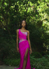 Video - Magenta ASHLEYlauren 11617 Elegant One Shoulder Jersey Gown with Glamorous Beaded Corset Bustier, Ruched Hip Detail, and Left Leg Slit