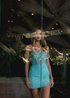Video - Aqua ASHLEYlauren 4690 stunning cocktail dress featuring an illusion neckline, corset bustier with press-on stones cascading down the skirt, and a wrap skirt with a side slit for an elegant and head-turning look.