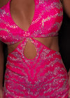 Video -Pink ASHLEYlauren 4726 cocktail dress featuring animal print-inspired beadwork, a halter neckline, illusion cut outs, press-on stones, and a fitted skirt for a bold and glamorous look.