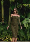 Video -  Olive ASHLEYlauren 4737 strapless cocktail dress featuring a fitted mid-length skirt, detachable sleeves, and press-on heat set stones for a versatile and glamorous look.