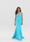 Video - ASHLEYlauren 11025 off shoulder scuba gown featuring a sweetheart neckline, signature crisscross strappy back, fitted silhouette, and a sweep train for an elegant and sophisticated look.