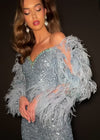 Video - Sky ASHLEYlauren 11667 fully hand-beaded gown featuring a sweetheart neckline, off shoulder feather-adorned sleeves, crystal-trimmed bustier and left leg slit for a glamorous and luxurious look.