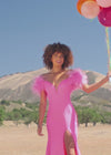 Video -Pink ASHLEYlauren 11101 Off-Shoulder Scuba Gown with Sweetheart Neckline, Feather Accents, and Left Leg Slit