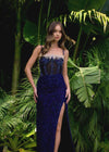 Video - ASHLEYlauren 11711 elegant gown featuring a fully hand-beaded bodice, spaghetti straps, corset bustier, illusion neckline, and a left leg slit for a glamorous and sophisticated look.
