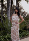 Video -  ASHLEYlauren 11453 silver strapless beaded gown with feather detailing and fitted silhouette