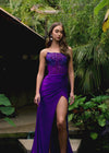 Video - Purple ASHLEYlauren 11690 Glamorous Strapless Gown with Exposed Corset Boning Encrusted in Press On Stones, Ruched Skirt, and Left Leg Slit