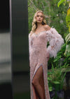 Video - Nude ASHLEYlauren 11667 fully hand-beaded gown featuring a sweetheart neckline, off shoulder feather-adorned sleeves, crystal-trimmed bustier and left leg slit for a glamorous and luxurious look.