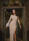 Video -  Nude ASHLEYlauren 11649 One Shoulder Fully Beaded Gown with Intricate Beading, Side Cut Out, Feather Cuff Detail, Left Leg Slit, and Sweep Train