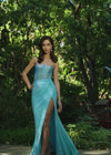 Video - Aqua ASHLEYlauren 11616 Spaghetti Strap Gown with Beaded Corset Bustier, Press On Stone Embellishments, and Left Leg Slit