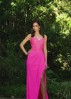 Video - ASHLEYlauren 11454 hot pink one shoulder jersey gown with beaded bodice, ruched wrap skirt, and thigh-high slit
