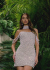 Video - Ediotorial Silver ASHLEYlauren 4758 Fully Beaded Long Sleeve Cocktail Dress with Plunging V-Neckline and Fringe