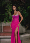Video - Fuchsia ASHLEYlauren 11616 Spaghetti Strap Gown with Beaded Corset Bustier, Press On Stone Embellishments, and Left Leg Slit