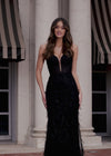 Video - ASHLEYlauren 11483 black strapless lace gown with sweetheart neckline, feather detailing, corset bodice, and V-back