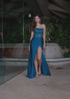 Video - Peacock ASHLEYlauren 11690 Glamorous Strapless Gown with Exposed Corset Boning Encrusted in Press On Stones, Ruched Skirt, and Left Leg Slit