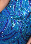 Video -Turquoise/Royal ASHLEYlauren 4500 strapless gown featuring a plunging V-neckline, ornate sequin bead pattern, and striking V-back for a bold and glamorous look.