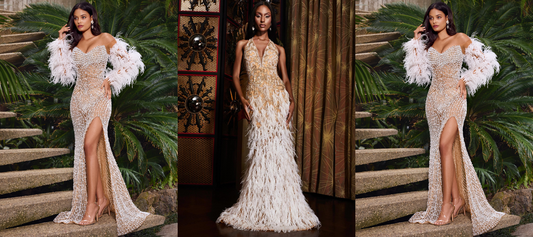 ASHLEYlauren feathered dresses showcasing elegant designs with intricate detailing, perfect for formal events.